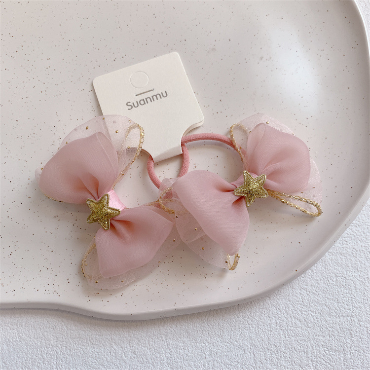 儿童粉色网纱立体蝴蝶结发夹对装边夹女童扎头发皮筋发圈头绳发饰详情6