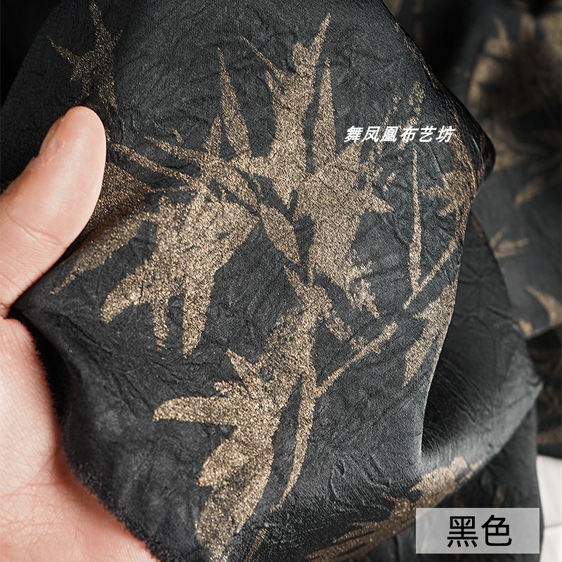 国潮竹子仿醋酸面料 中国风黑色撒金绸缎古金柔软垂感布料详情1