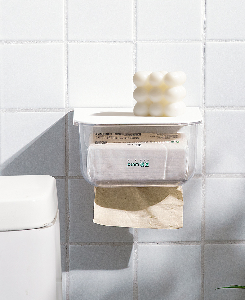 Transparent tissue box, household face towel storage box, wall-mounted toilet and bathroom tissue box, waterproof and no need for drilling pic 2
