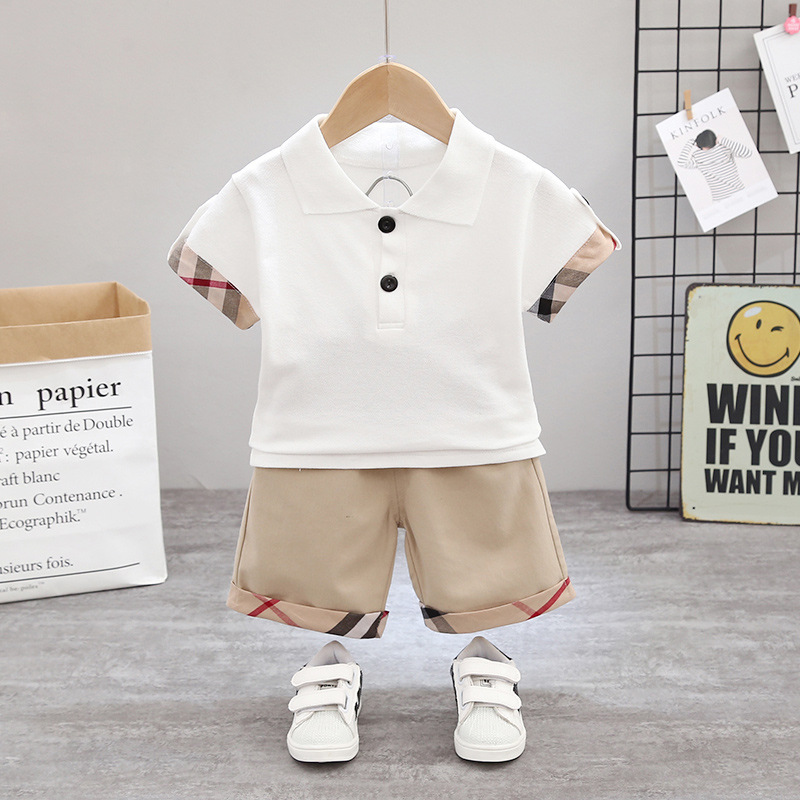 Niño traje de verano manga corta con solapa polo verano 2022 nuevo niño casual penteado dos piezas moda pic 4