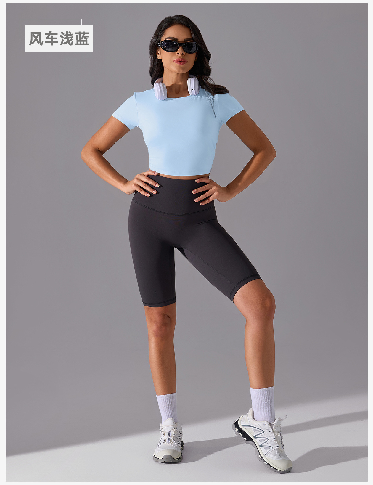 裸感亲肤健身t恤女短款百搭抽绳运动上衣固定杯瑜伽短袖D25061详情15