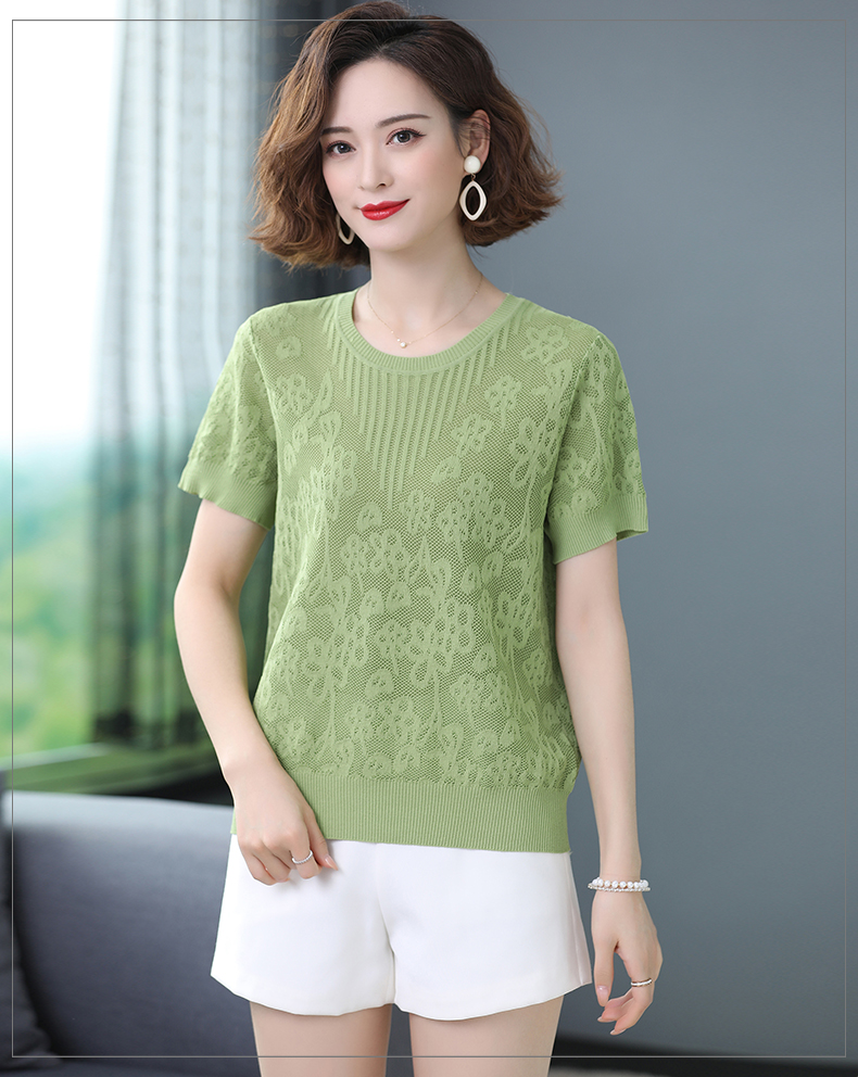 短袖女士2023新款丅t恤漂亮镂空中年妈妈冰丝针织衫上衣夏装体桖t详情24