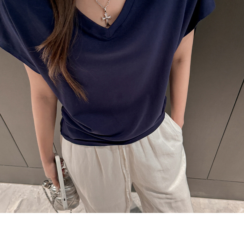 European V-neck versatile basic loose version off-the-shoulder short-sleeved T-shirt women 's one-sleeve 蝙蝠衫 laid-back top pic 26