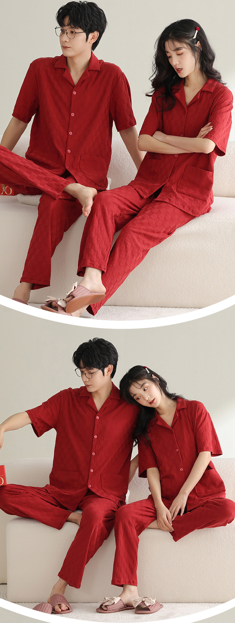 纯棉情侣睡衣夏季结婚新婚大码男士开衫长裤本命年红色家居服夏女详情7