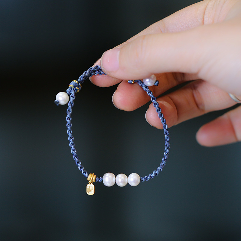Natural pearl woven bracelet for women, 925 Silver Blessing brand pearl three-round bead hand-woven bracelet, commemorative small gift pic 3