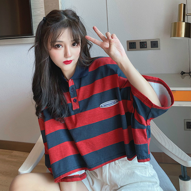 Real photos of Japanese-style retro polo shirts for women in summer, short-sleeved loose Hong Kong-style half-sleeved T-shirts, and summer tops pic 2
