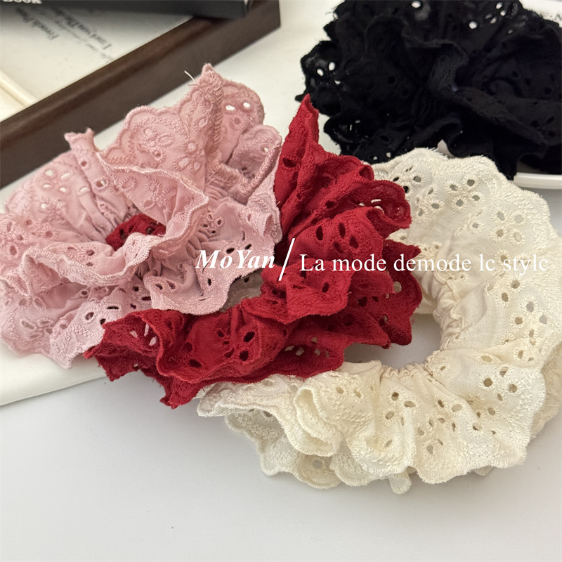 French retro atmosphere lace large intestine hair tie, popular embroidery with hollowed-out patterns and ruffled edges, hair accessory and hair band pic 21