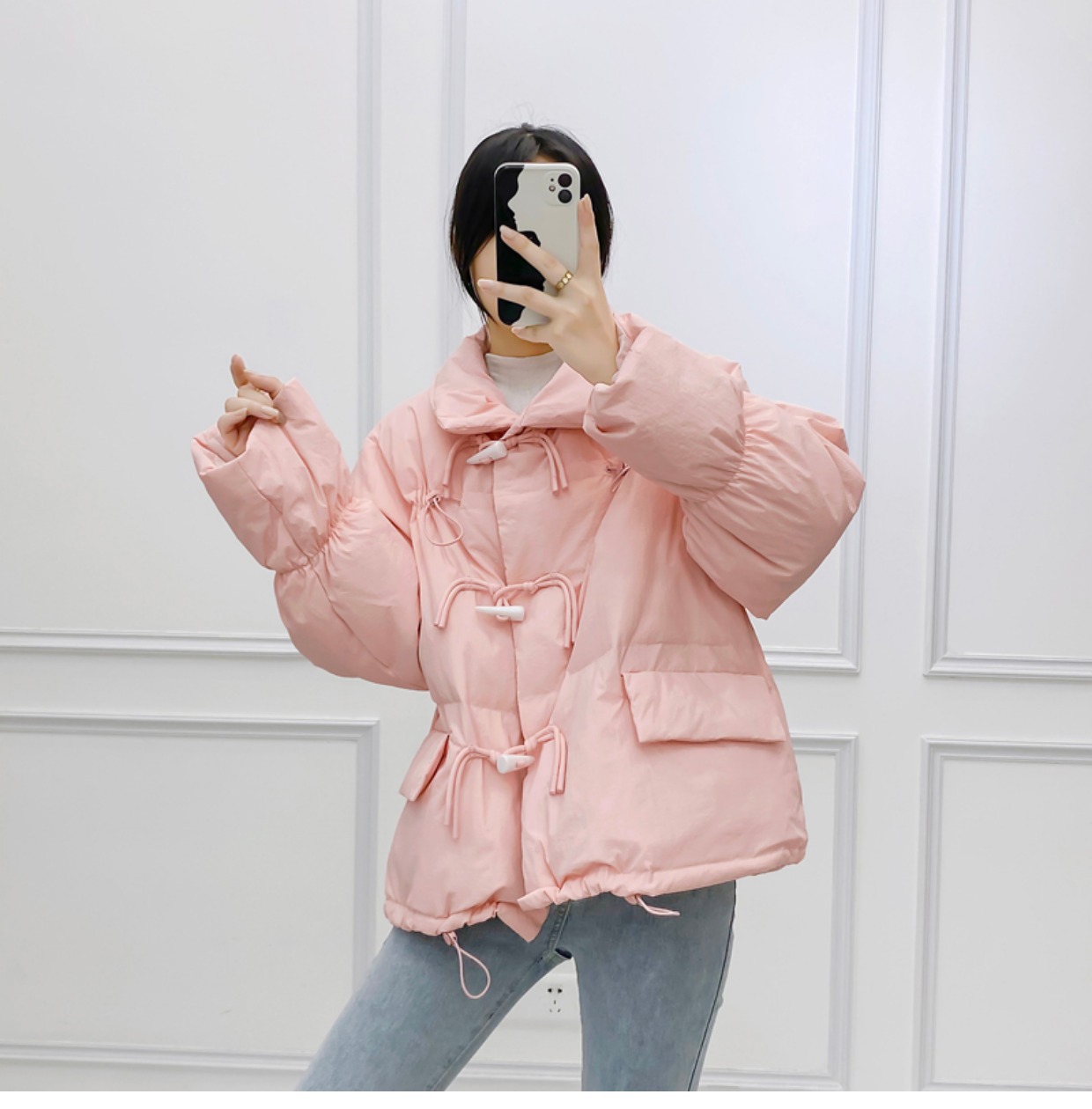 韩系仙女牛角扣羽绒服女洋气短款新款韩版宽松白鸭绒面包服外套潮详情12