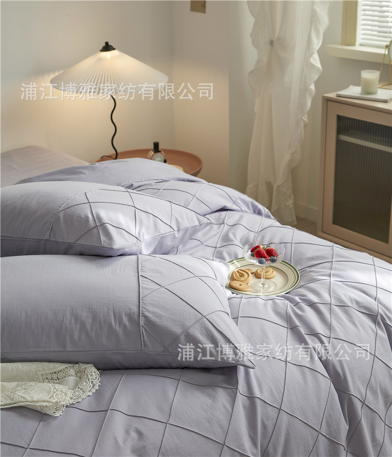 Wholesale of high-quality three or four-piece sets of washed cotton 40-count hand-knitted rhombus-shaped checkered plain pure cotton bedding pic 25