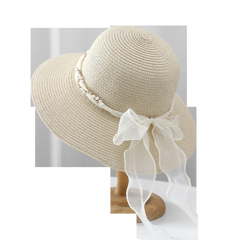 Sombrero de playa de encaje francés con correa de cola grande sombrero de playa paseo marítimo sombrero de paja mujer protección solar versátil moda strass sombrero de pescador pic 8