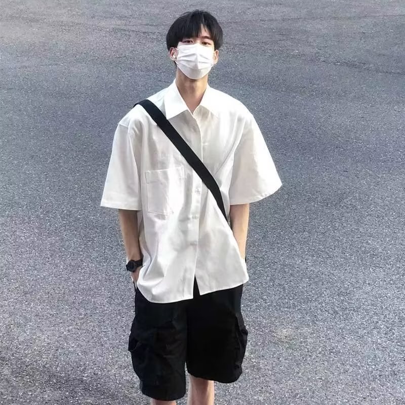 2023新款夏季痞帅宽松纯白色高级感衬衫男士短袖休闲衬衣一件代发详情9