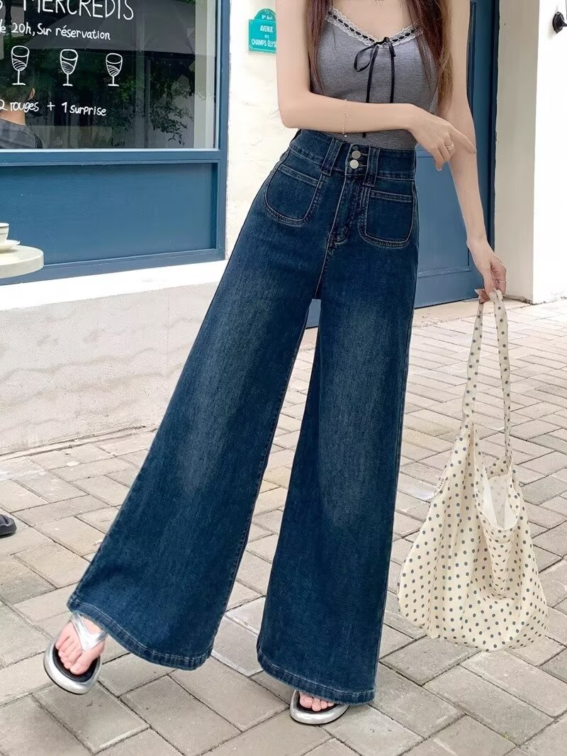 2024春秋季新款蓝色高腰宽松牛仔裤女时尚爆款设计感阔腿直筒长裤详情12