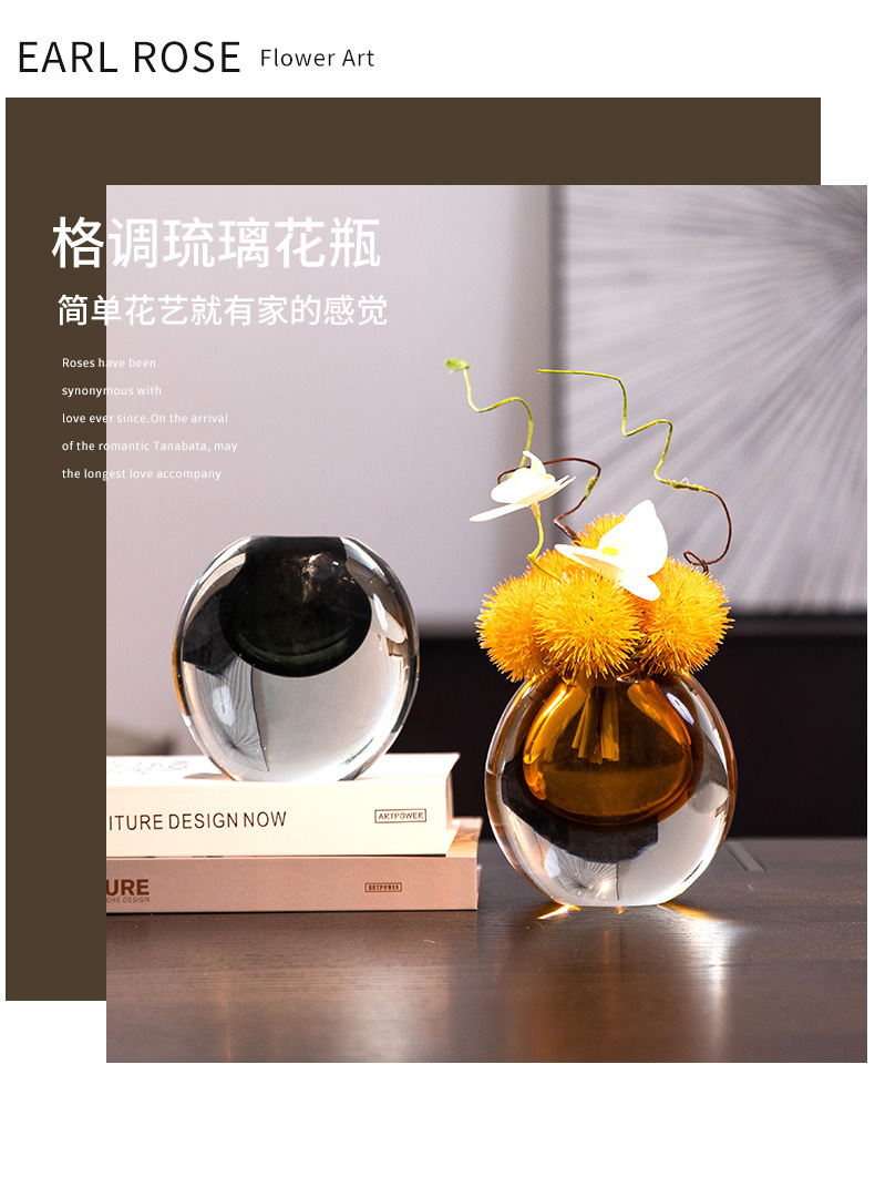 Glass vase, light luxury model room, soft decoration, living room ornaments, table flower arrangement, creative colored glass flower vases pic 2