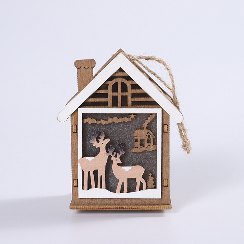 外贸圣诞屋子装饰品发光木头房子挂件diy圣诞树挂饰圣诞老人麋鹿详情8