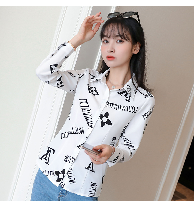 New spring and autumn Korean-style slim-fit shirt for women, long-sleeved printed striped trendy base layer, Hong Kong-style top for women pic 31