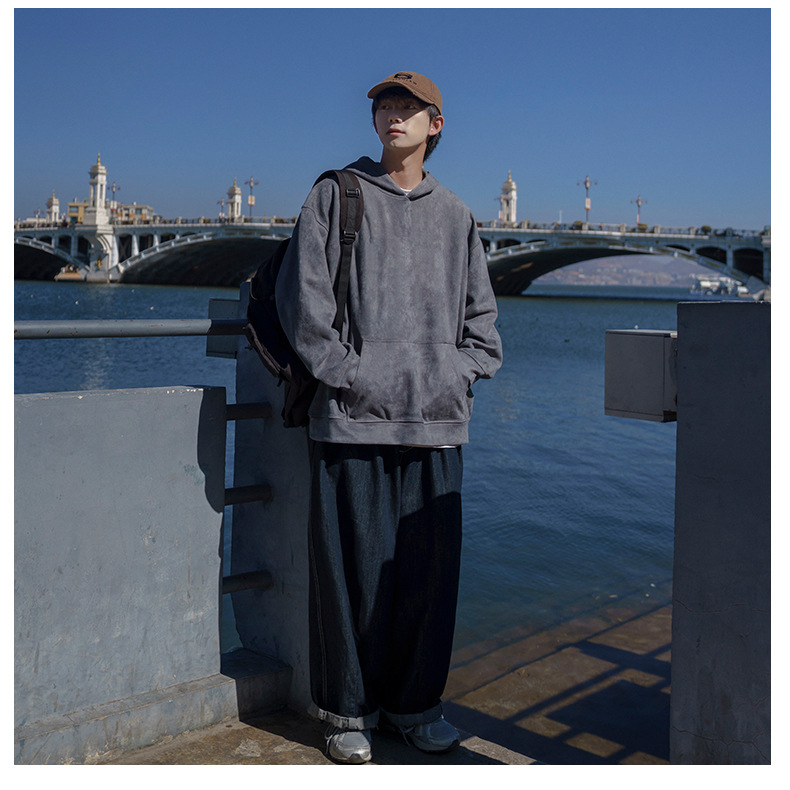 麂皮绒卫衣男士2023秋季新款美式潮牌重磅纯色连帽情侣上衣外套男详情16