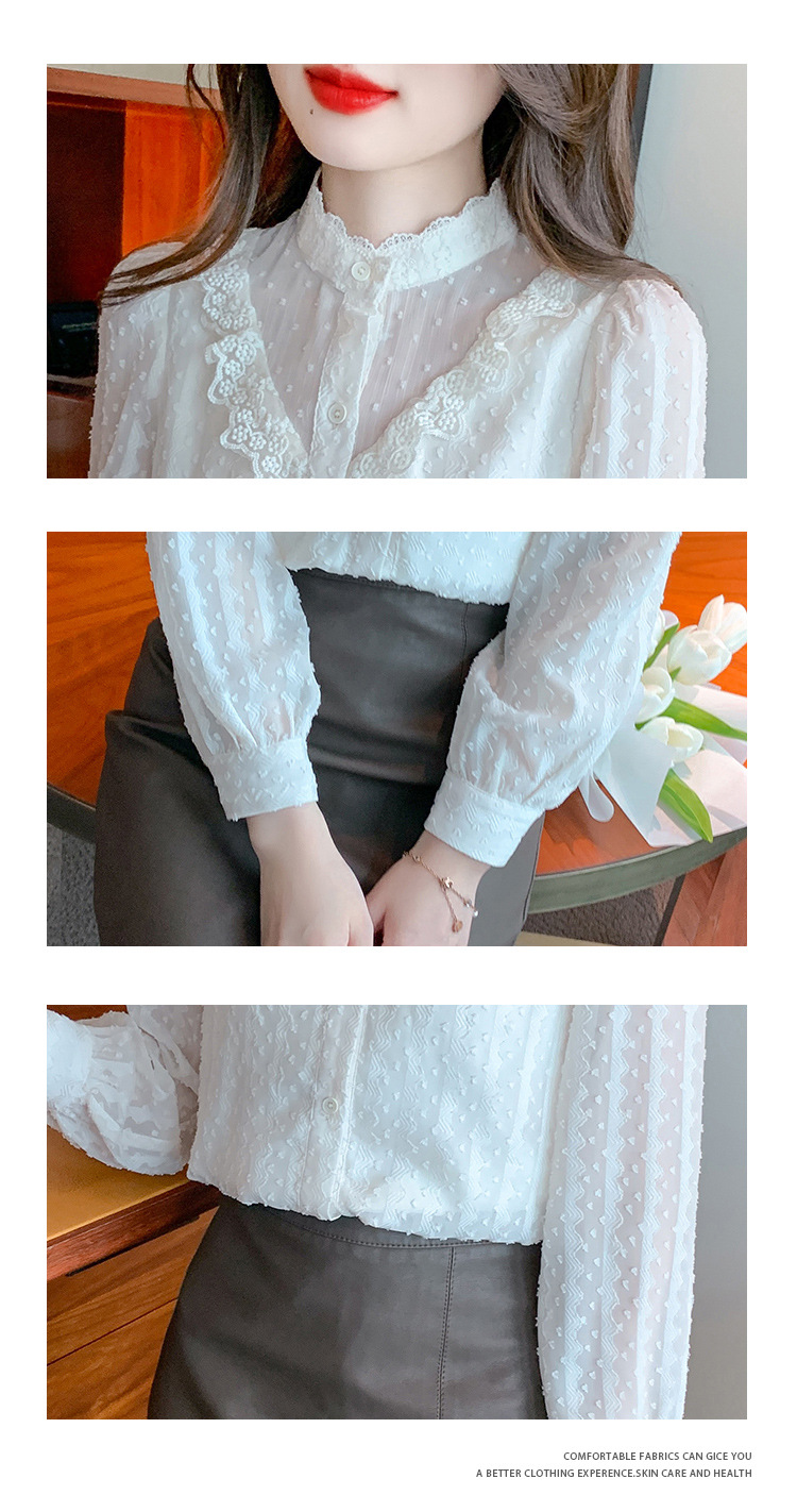 The new autumn 2023 women's fashionable and stylish mini blouse with lace lace puffed sleeves and chiffon shirt is versatile pic 19