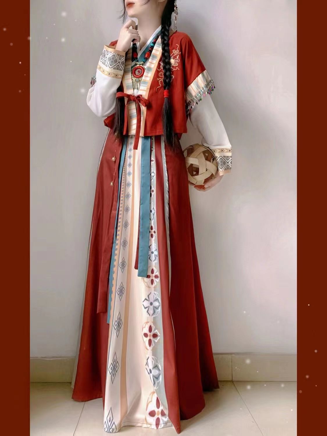 国潮新款魏晋唐褙子三件套【红不拉叽】汉服正版女成人国风套装拜年服详情10