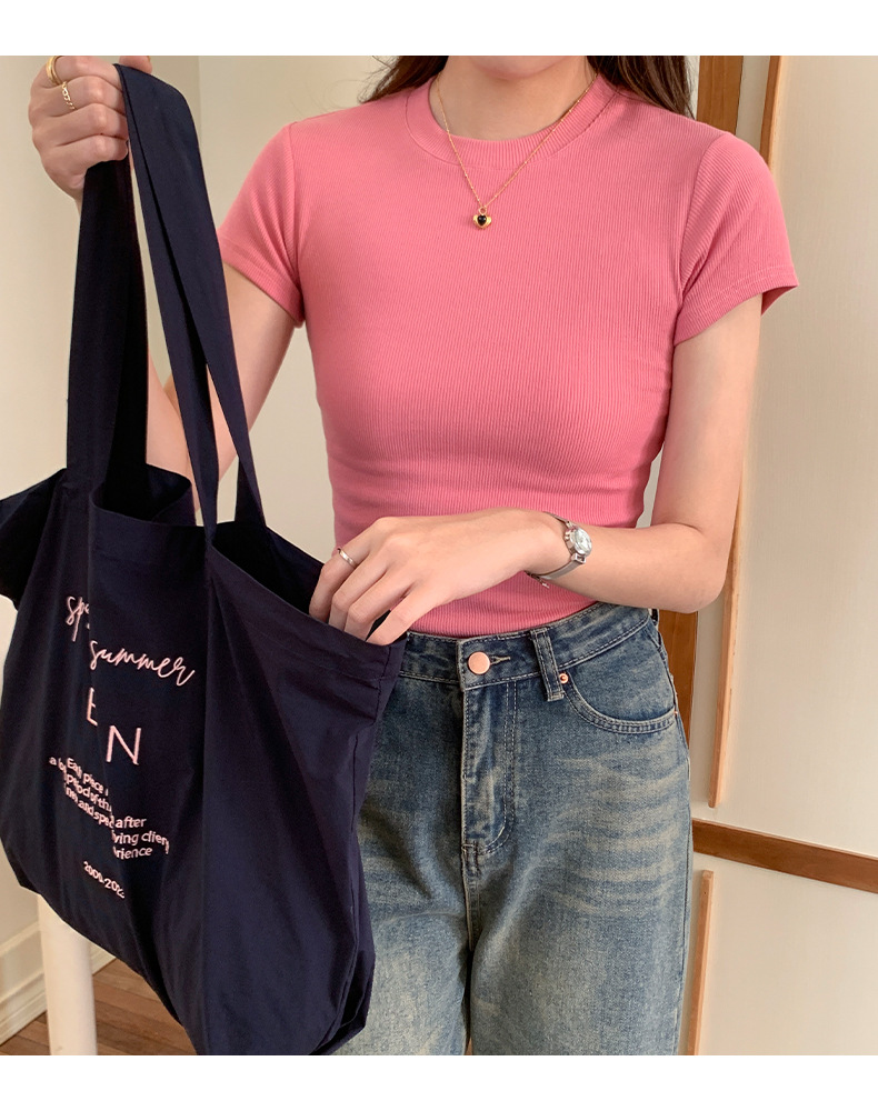 European and American style ribbed off-the-shoulder T-shirt for women, new summer style, slimming and figure-hugging, round-neck, layering short base layer pic 9