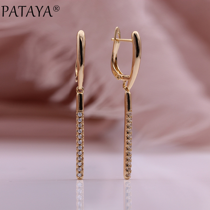 PATAYA585 rose gold electroplated earrings, cross-border direct supply, AliExpress micro-inlaid zircon pendant long earrings pic 1