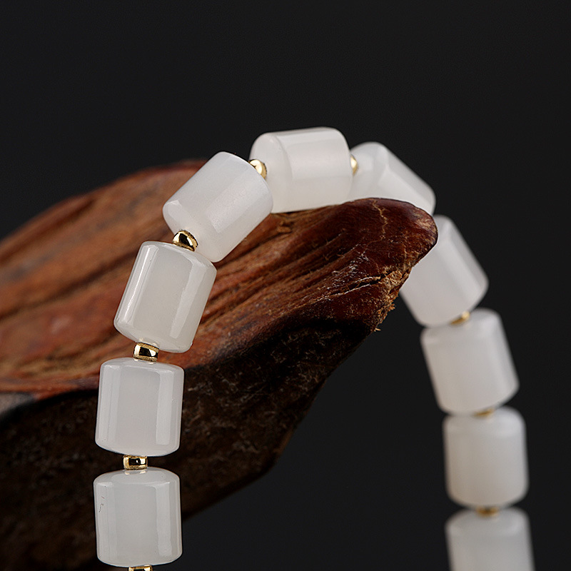 DIY pure gold 18K handcrafted series, natural and versatile old material Hetian jade bucket bead bracelet, small drops of jade water pic 12