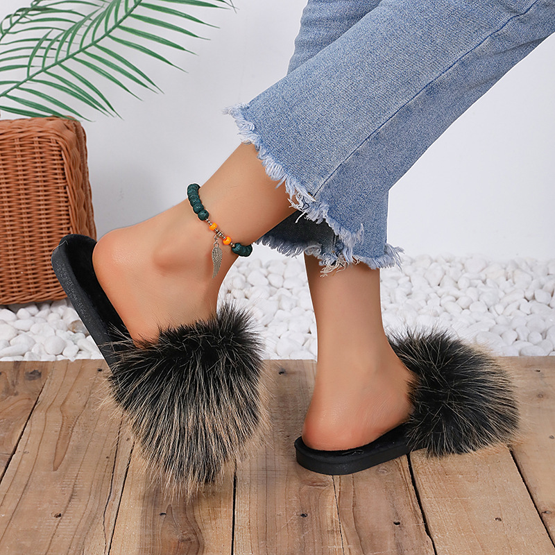 2024新款长毛绒拼色平底毛毛拖鞋女秋冬居家室内地板拖外贸一字拖详情36