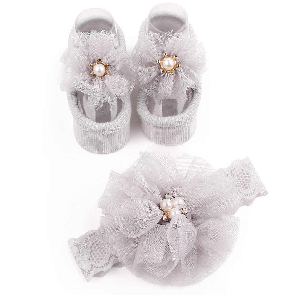 New solid color lace European and American baby socks Bow princess cute baby socks hair band set 2619 pic 7