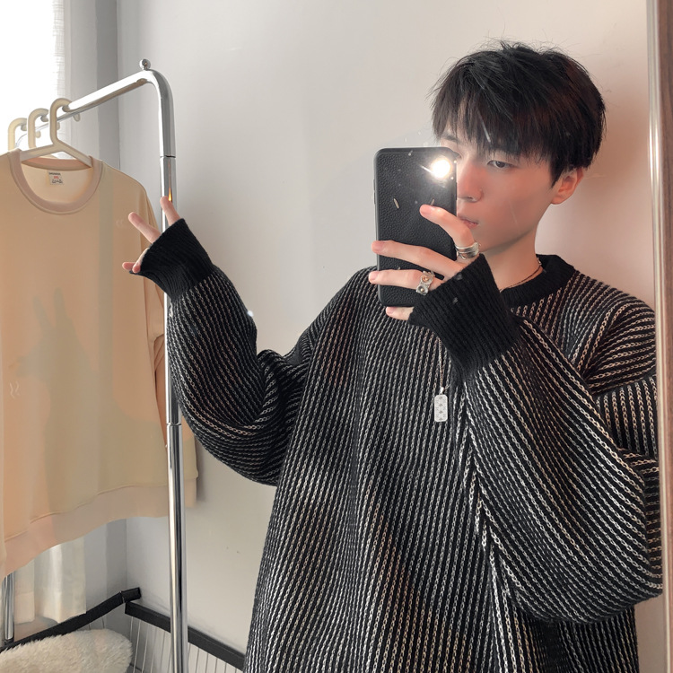 圆领条纹毛衣男款秋冬新款时尚套头针织衫日系复古宽松百搭上衣服详情8