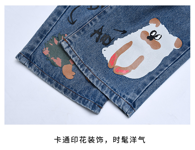 童裤批发外贸女童春季新款卡通牛仔裤韩版宽松中大童印花直筒长裤详情26