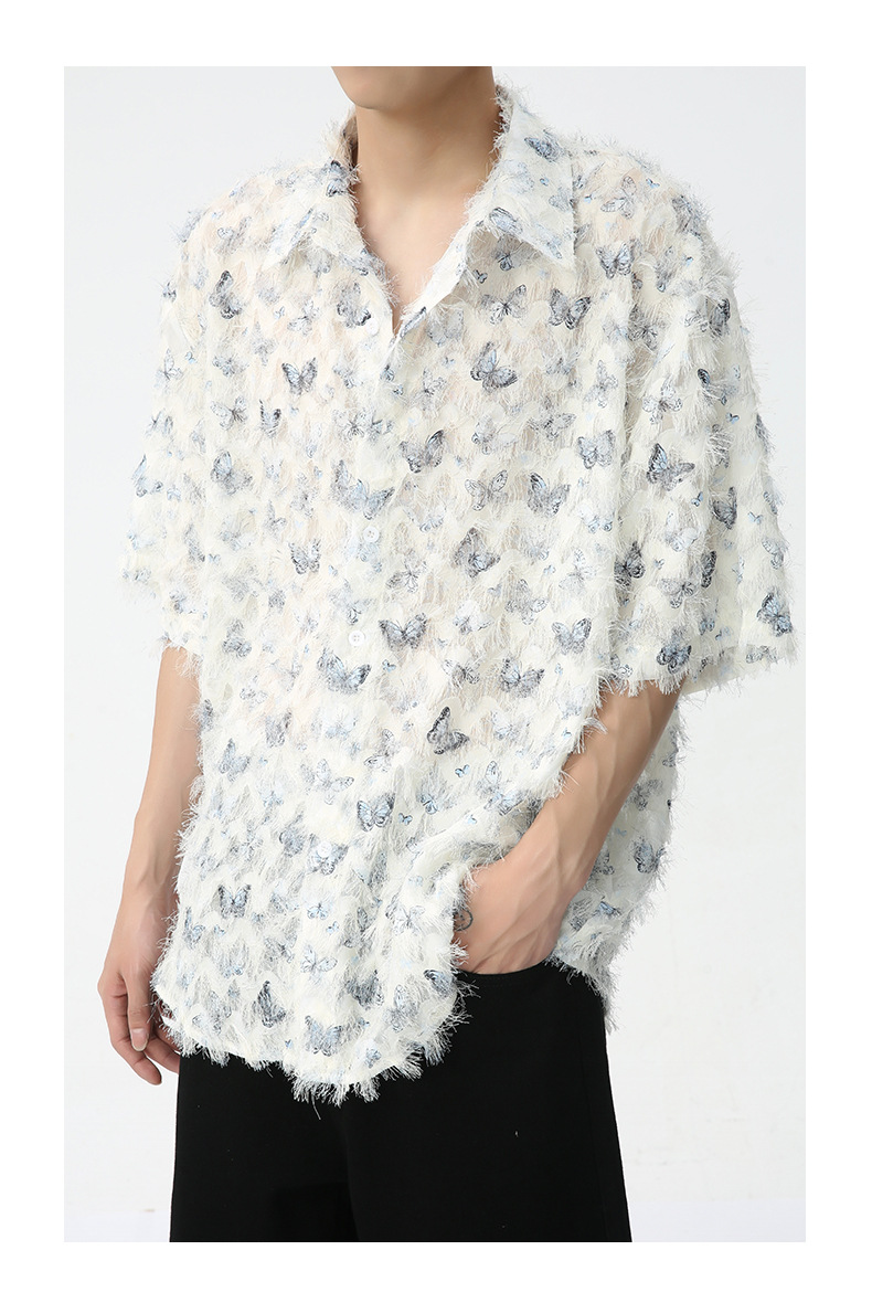 MTLCLOTHES男装|2024春款新品 法式小众独特彩色蝴蝶提花流苏衬衫详情10