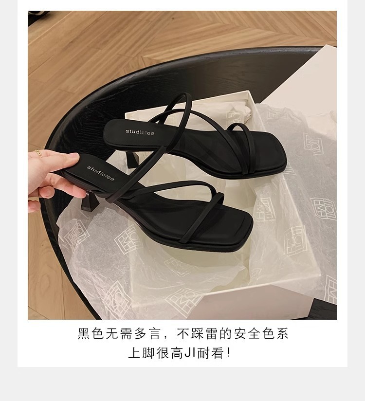 羊皮版法式细带方头显瘦高跟凉拖鞋女夏新款仙女风露趾罗马凉鞋女详情5