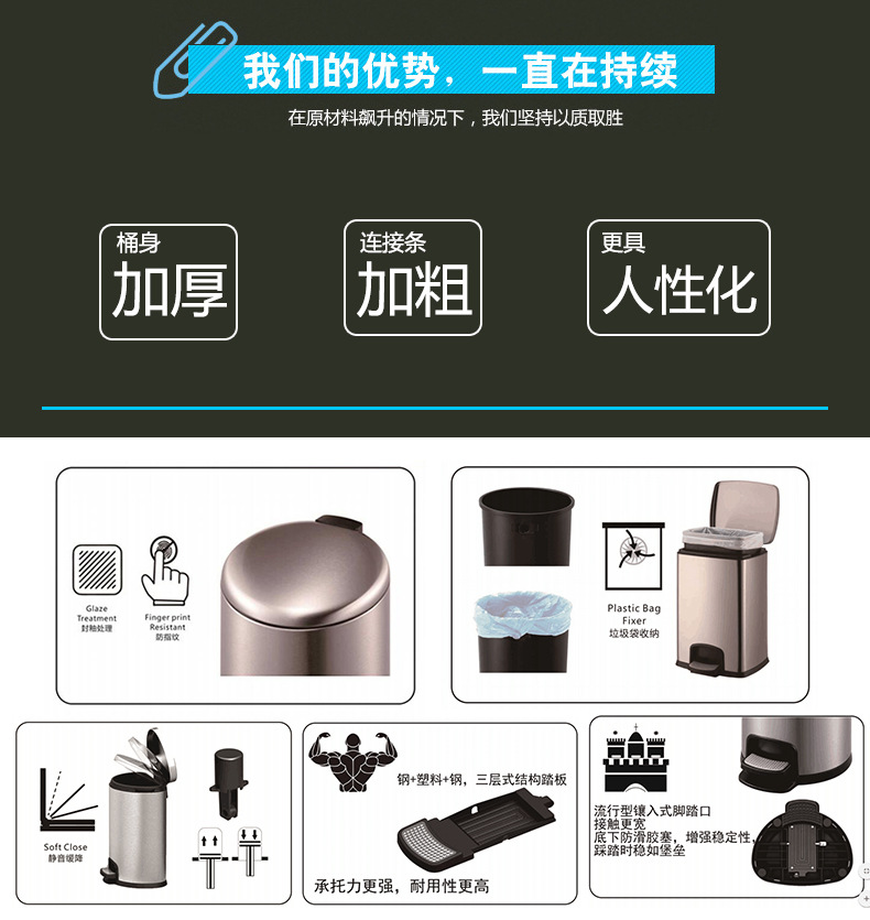 Southern GNF SJ30-F01 High-end 30-liter square all-steel foot pedal bucket anti-fingerprint Trash can pic 4