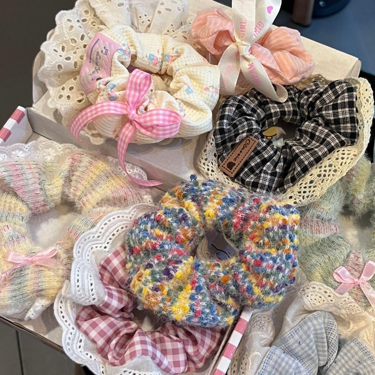 芭蕾风奶蓝格子重工烫钻蕾丝花边韩版大肠发圈可爱奶油甜妹发绳女详情2