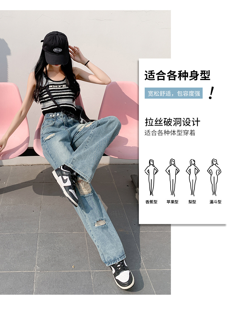 阔腿破洞裤女牛仔裤夏季新款高腰直筒宽松显瘦设计感小个子九分裤详情5