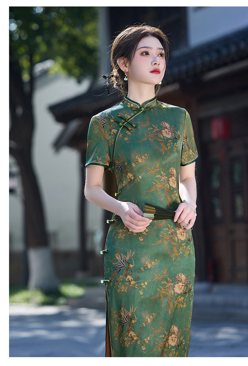 双国潮层长款优雅复古改良2025春夏绿色醋酸民国风气质修身名媛旗袍裙详情13