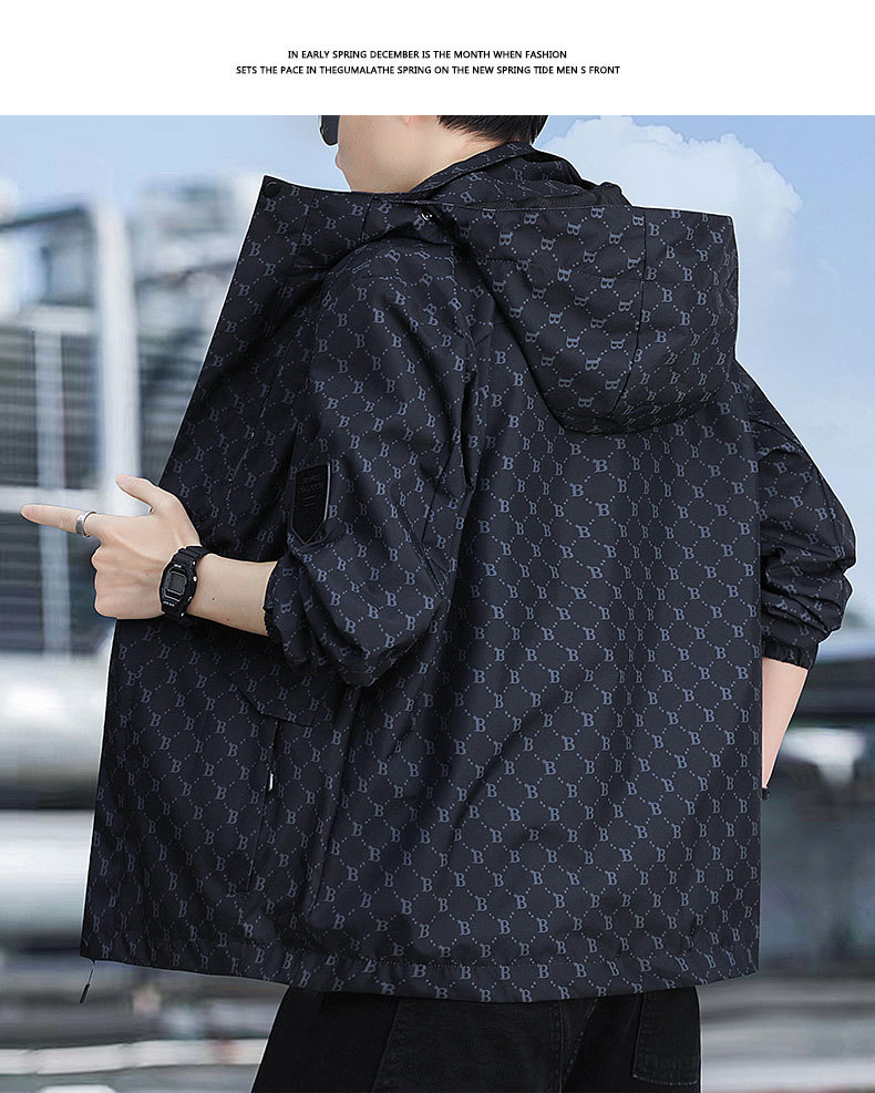 春秋季时尚潮牌印花户外休闲防风防水冲锋衣男士百搭帅气连帽夹克 pic 18