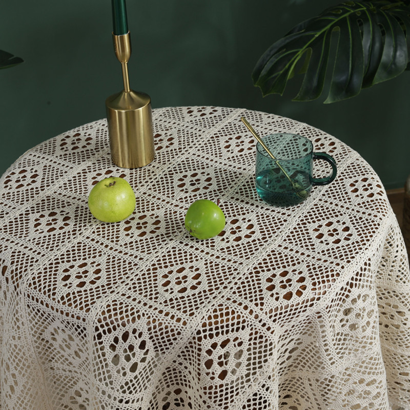 American country-style handcrafted crochet tassel tablecloth with geometric rhombus-shaped hollowed-out decorative fabric as a shooting prop pic 28