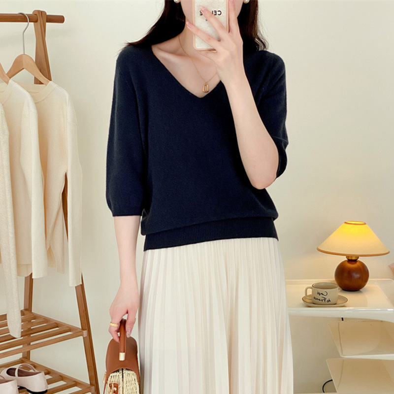V-neck full wool knitted sweater for slimming and elegant look, seven-inch sleeve pullover wool sweater, sweater top #23127 pic 21
