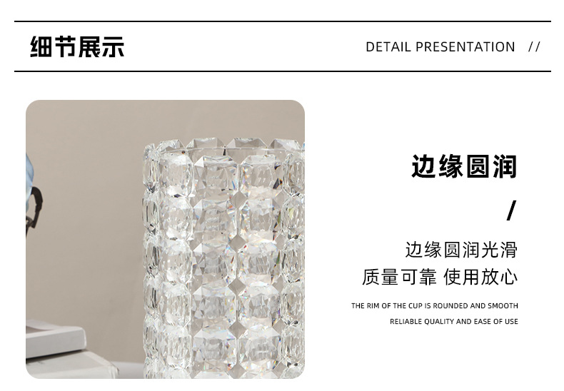 Pastoral simple crystal glass vase, living room dining table flower vase, transparent checkered fresh flower round straight tube vase pic 6