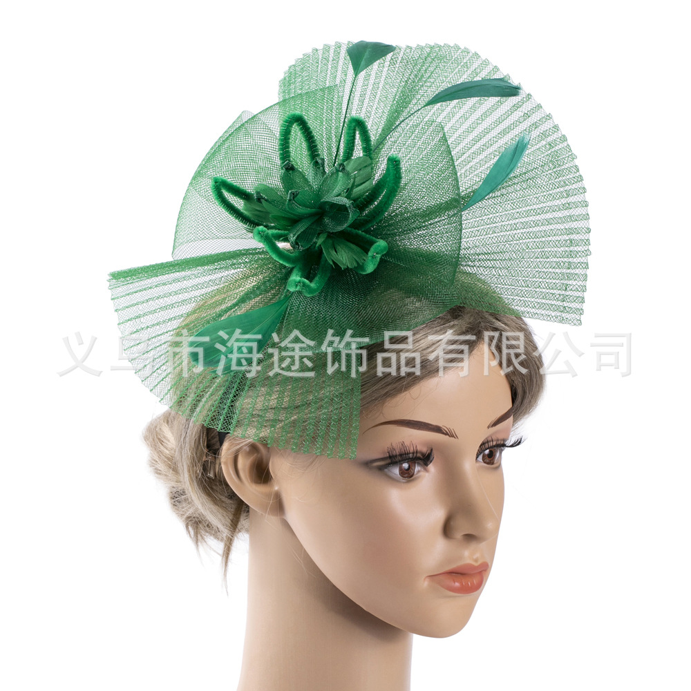 Amazon cross-border feather mesh headwear, elegant and stylish green hair accessory, European and American performance festival paty hair accessory pic 4