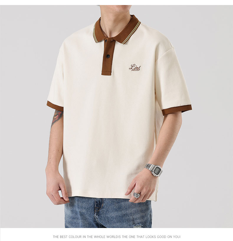 男装|夏季米色拼色翻领短袖男士珠地棉美式保罗半袖体恤打底详情5