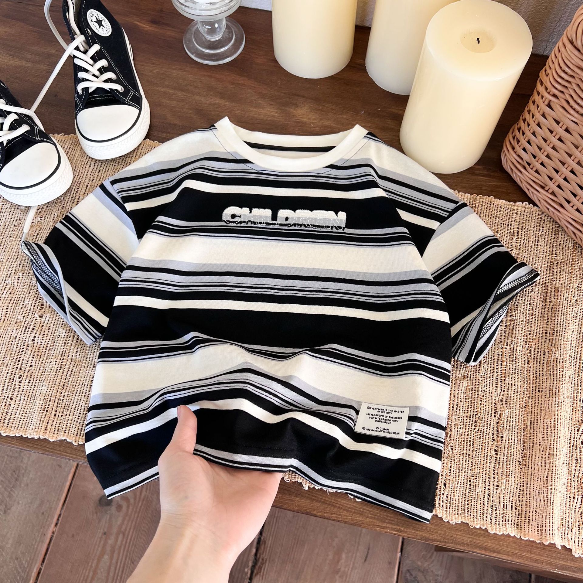 童装短袖2024夏季新款男童撞色混彩休闲条纹T恤儿童字母刺绣潮流T详情1