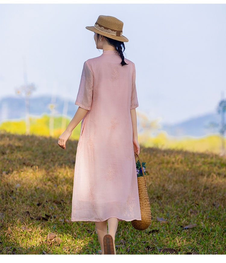 新中式棉麻女装苎麻连衣裙2024春夏新款立领国风复古改良旗袍批发详情15