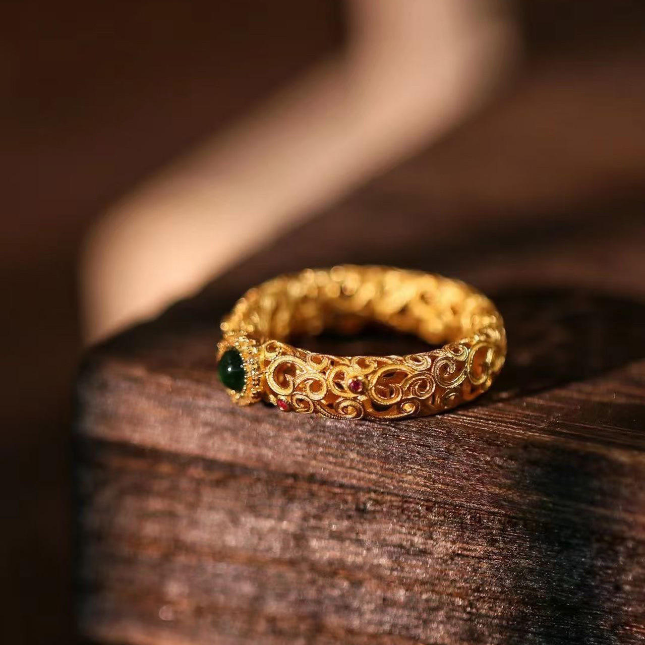 Natural jade A-grade carved ring for men and women, 925 silver thread inlaid with ancient method hollowed-out ring, retro court style pic 14