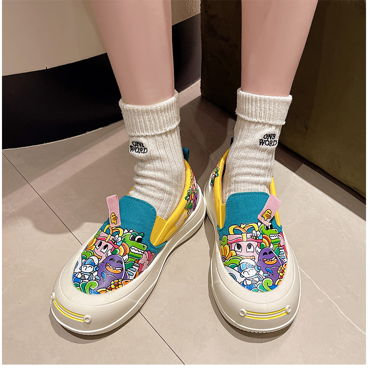 可爱卡通懒人一脚蹬厚底透气帆布鞋女涂鸦2024春秋新款休闲鞋批发详情8