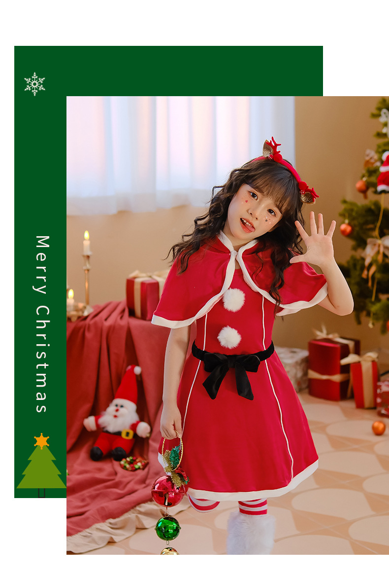 圣诞节儿童服装女童披肩斗篷连衣裙红色裙子派对装扮服饰圣诞老人详情8