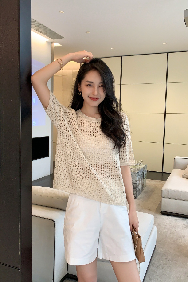 韩版简约镂空针织短袖T恤女夏季新款设计感休闲百搭圆领纯色上衣详情7