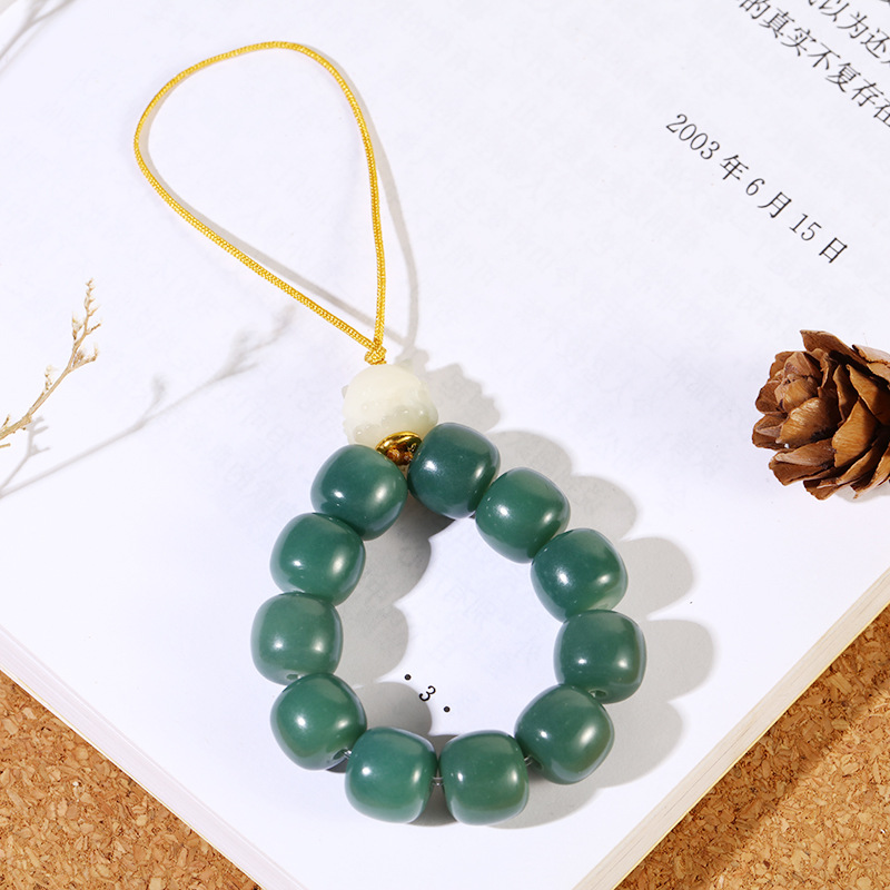 White jade Bodhi root multi-treasure prayer beads mobile phone chain, retro olive ring pendant, anti-loss creative car bag pendant pic 8