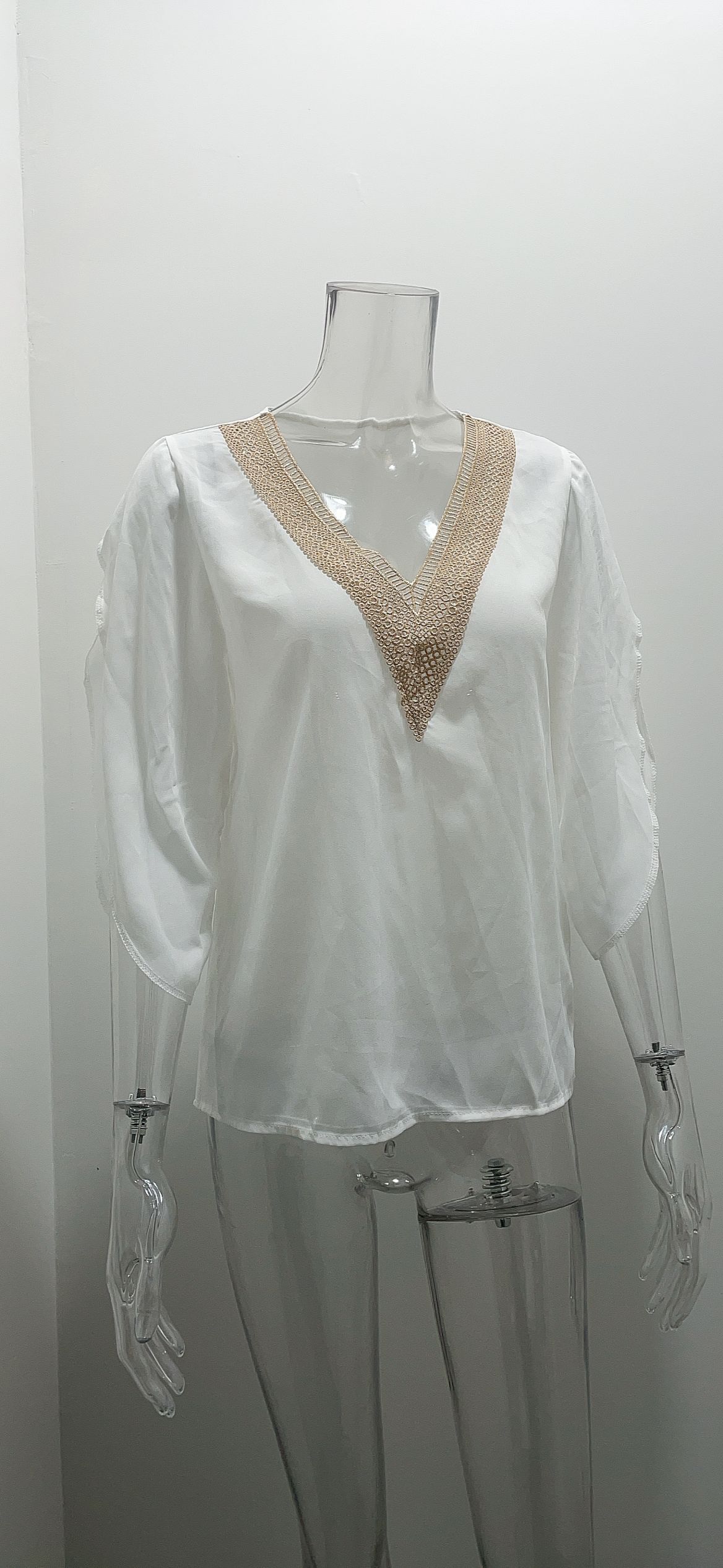 Amazon 2023 Spring/Summer New V-neck lace solid color top, elegant short-sleeved chiffon shirt for women pic 19