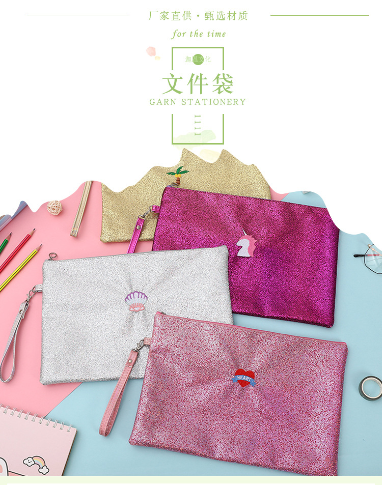 Factory direct supply of office supplies, sequined zipper file bags, hand-held document bags, student stationery wholesale file bags pic 1